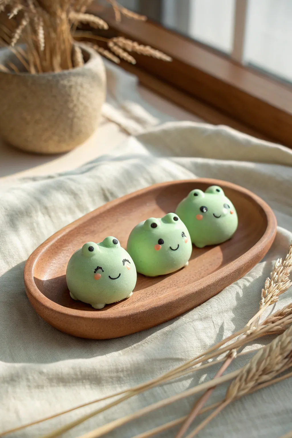 Tiny mint-green frog friends on a minimalist tray, the cutest easy air-dry clay project for kids.