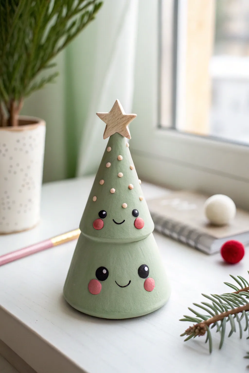 A sweet smiling clay Christmas tree cone, minimalist and cozy, perfect as a desk buddy.