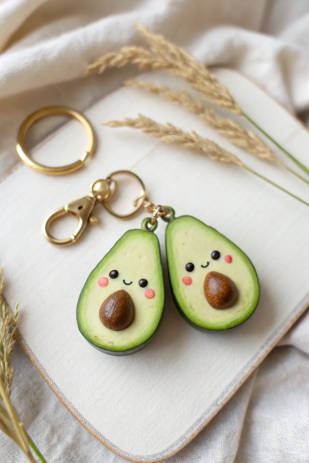 Sweet avocado bestie charms in soft clay tones, perfect for keychains and gifts today.