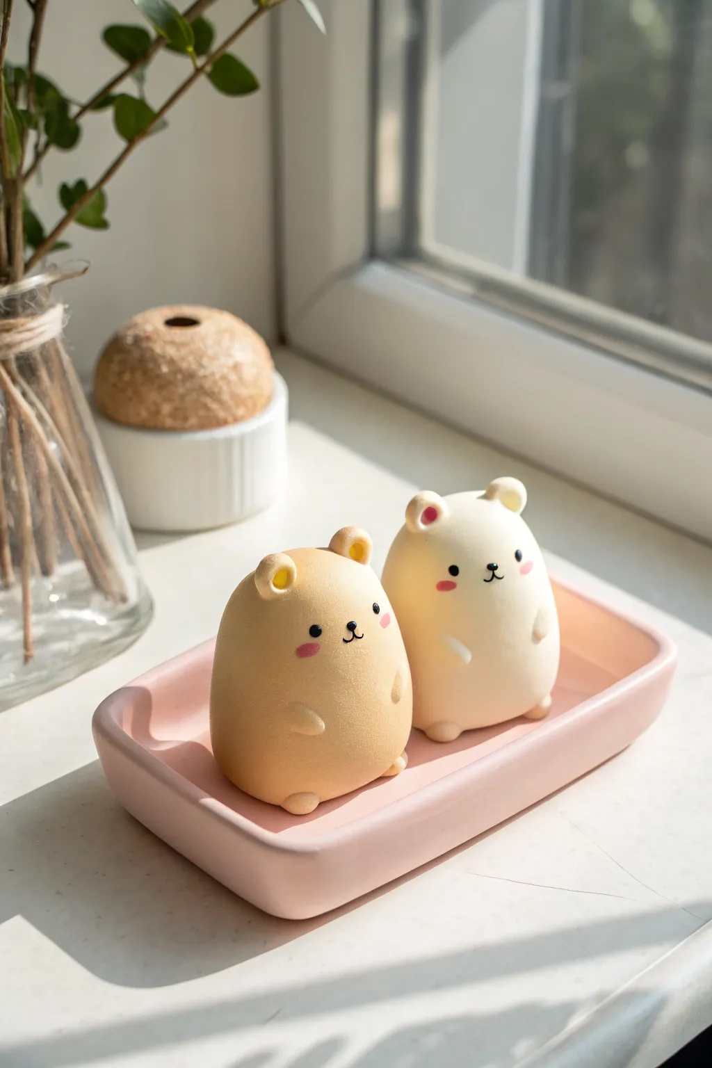 Two kawaii blob bears in warm neutrals, the sweetest minimalist desk buddy for cozy vibes