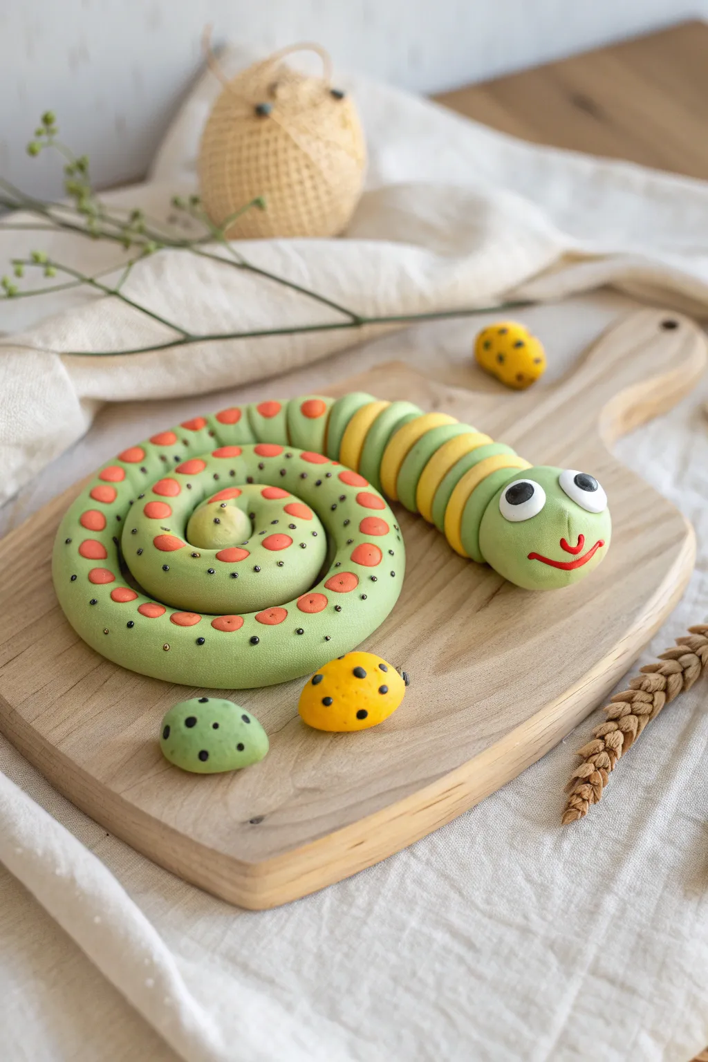 Chunky air-dry clay coil snake and caterpillar with friendly eyes, perfect for kid crafts.