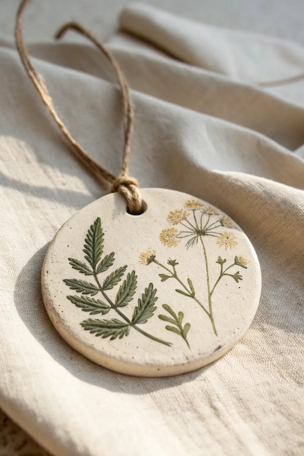 Nature-print air-dry clay medallion with soft wash finish, simple, calming, and kid-friendly.