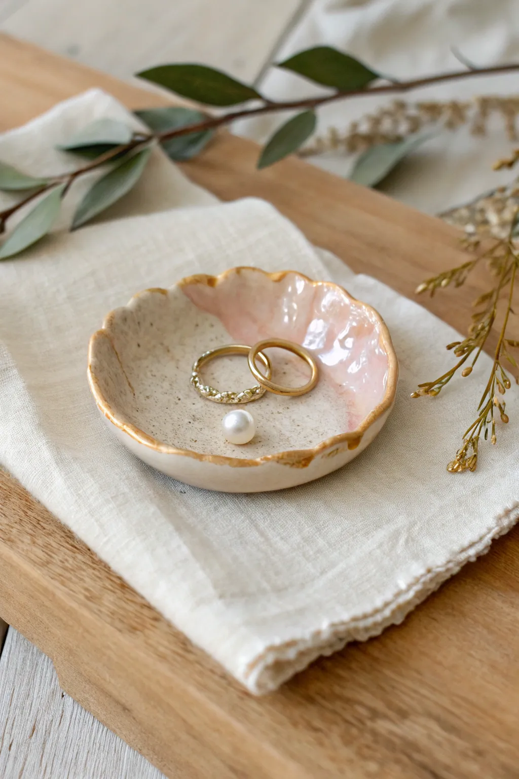 Tiny scalloped trinket dish with glaze pooling beautifully around your everyday rings