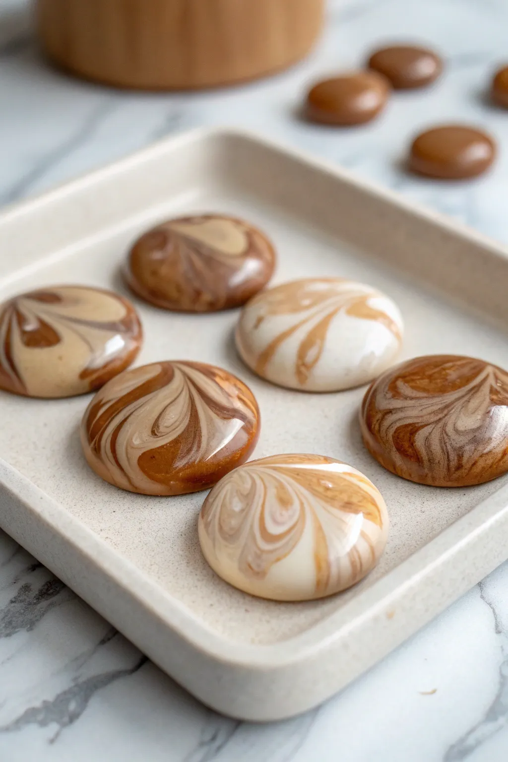 Glossy latte-toned marbled cabochons in liquid polymer clay, captured in crisp macro detail.