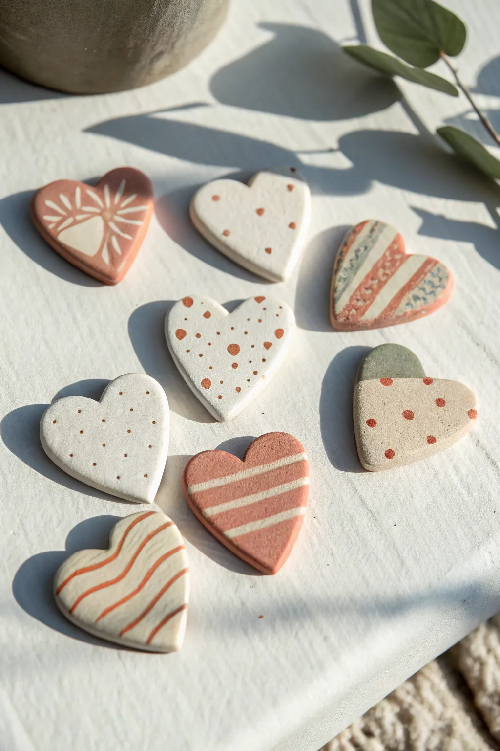 Mini heart air-dry clay fridge magnets with simple patterns, neatly arranged in a bright grid