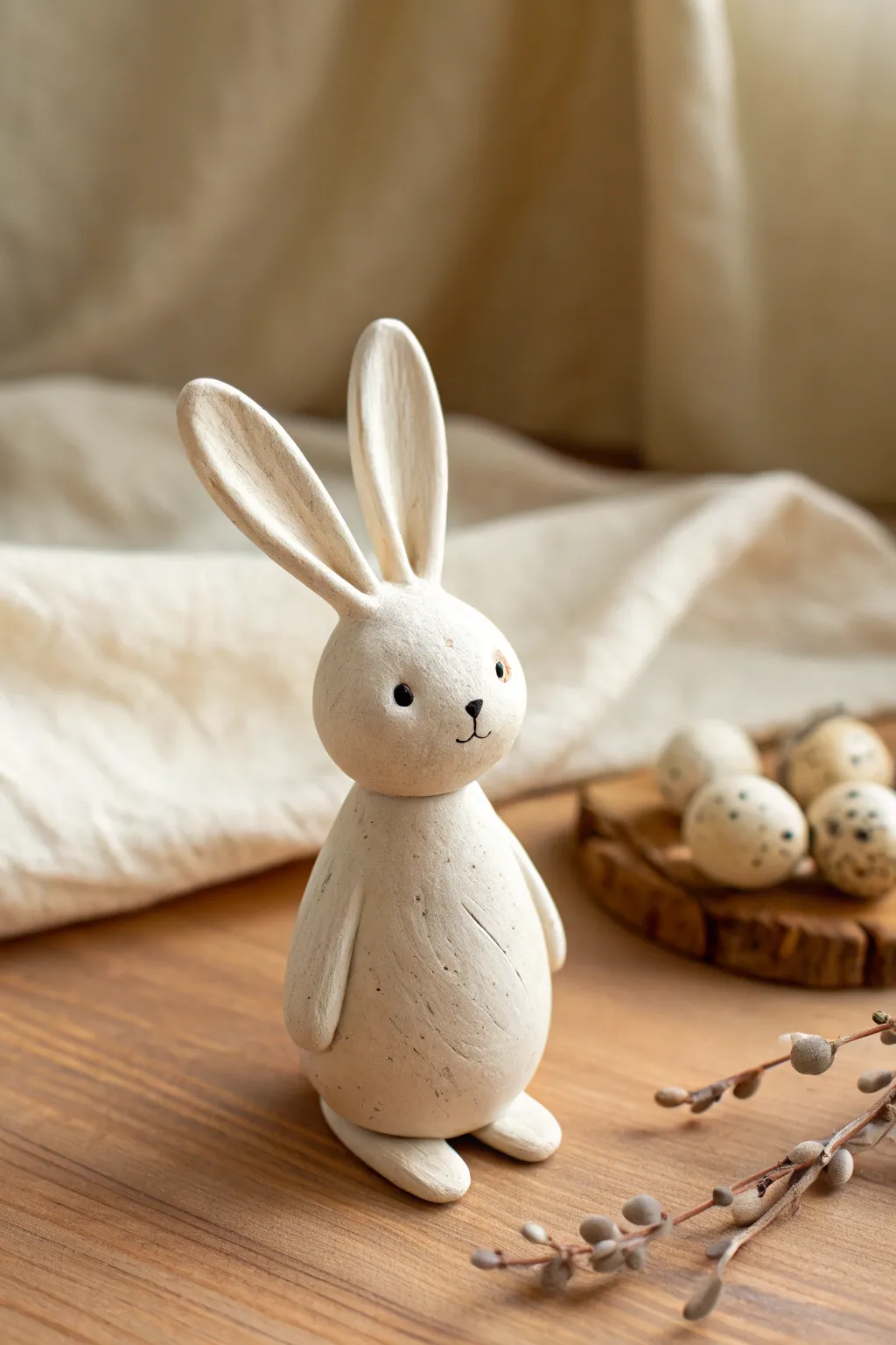 Mini clay bunny with a round tail, simple details, and cozy minimalist Scandinavian styling