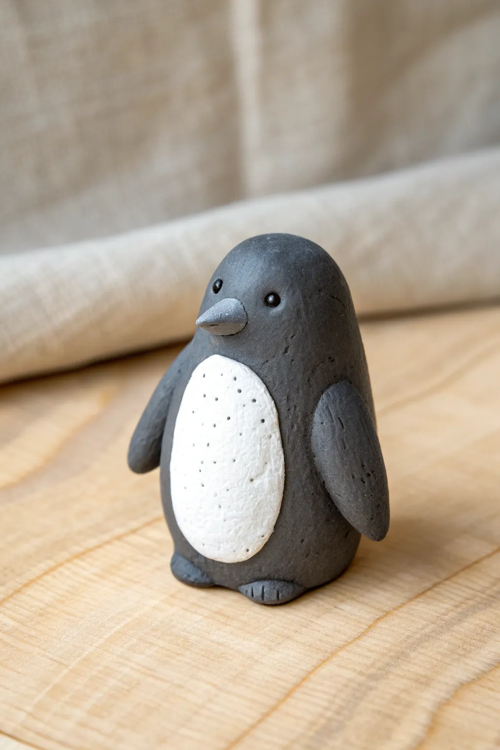 Round little clay penguin buddy with a clean white belly, perfect minimalist desk companion.