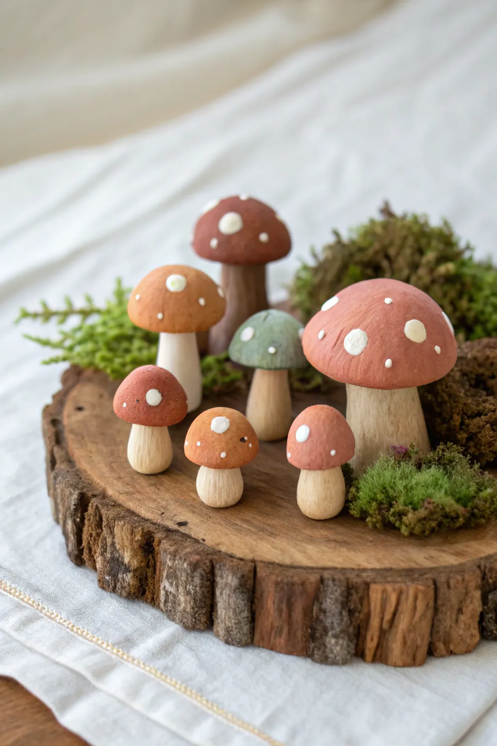 Tiny clay mushroom friends in soft earthy tones, styled like a mini forest on warm wood.