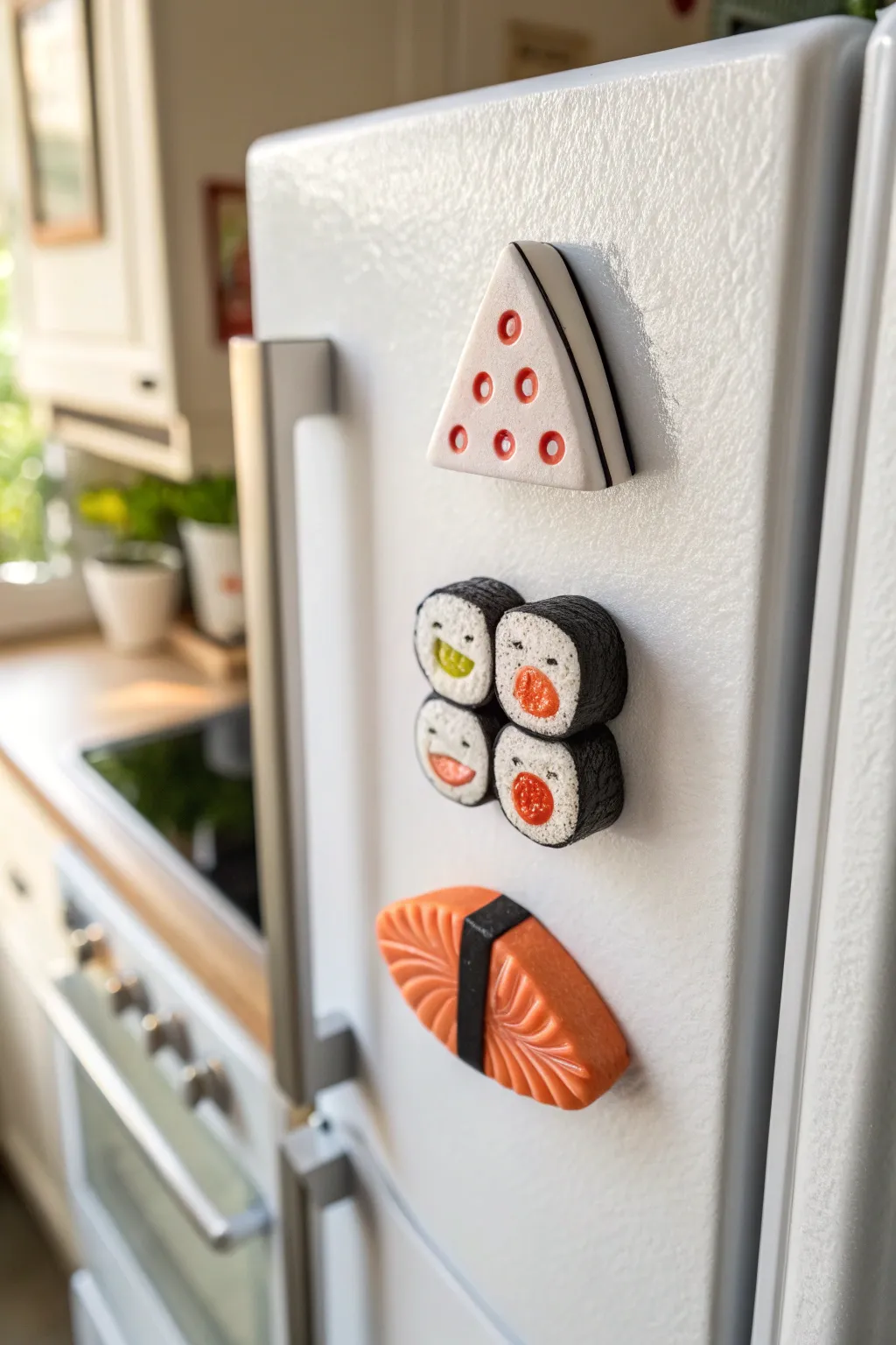 Sweet handmade sushi clay magnets to brighten your fridge with minimalist kawaii charm.