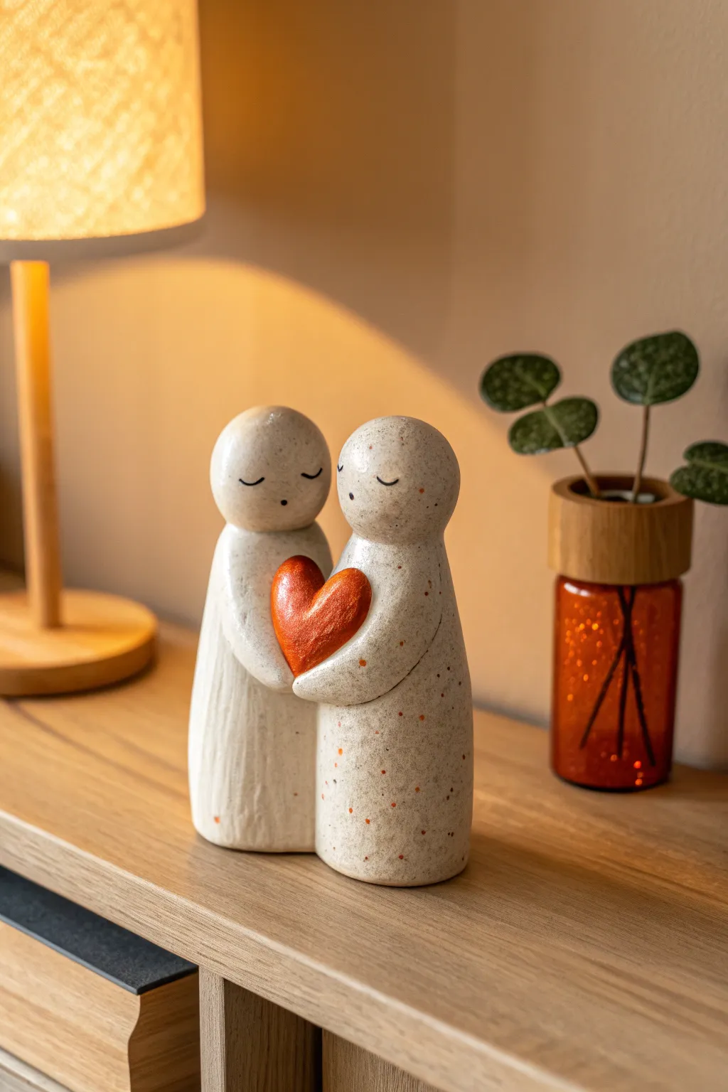 Sweet minimalist clay couple figurines holding a bright heart, perfect for love-filled decor