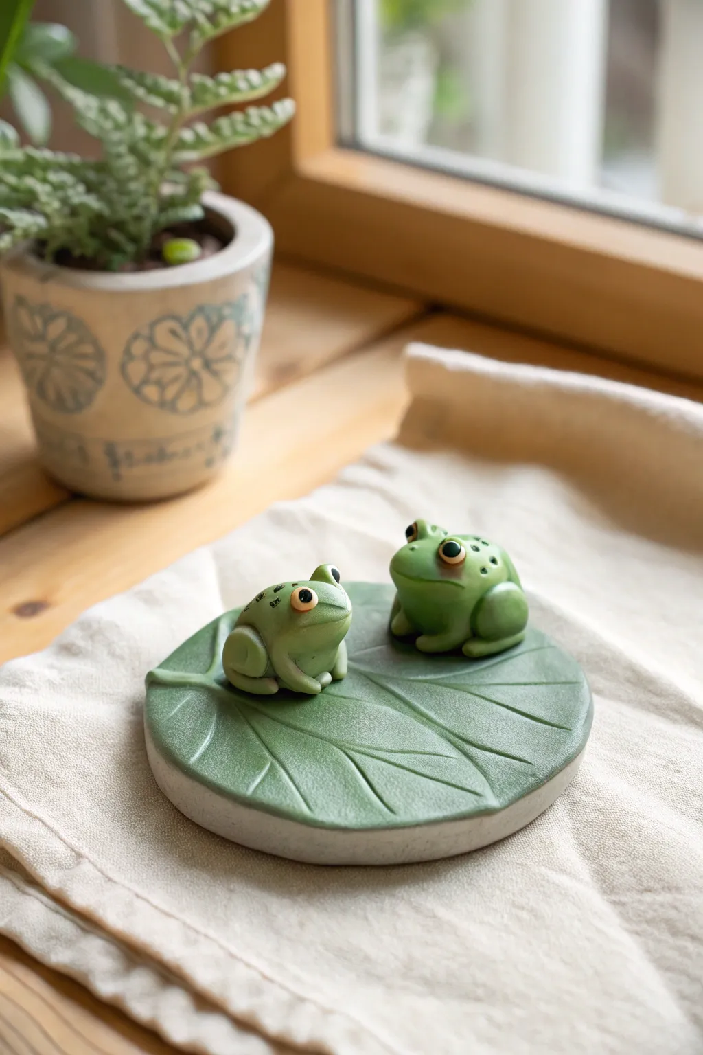 Mini pond charm: two tiny matte green frogs resting on lily pads, perfect magical clay idea.