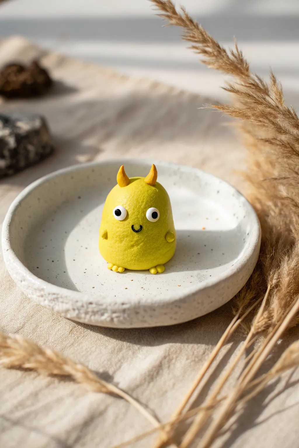 One-blob neon mini monster with goofy grin, a simple magic clay idea kids can finish fast.