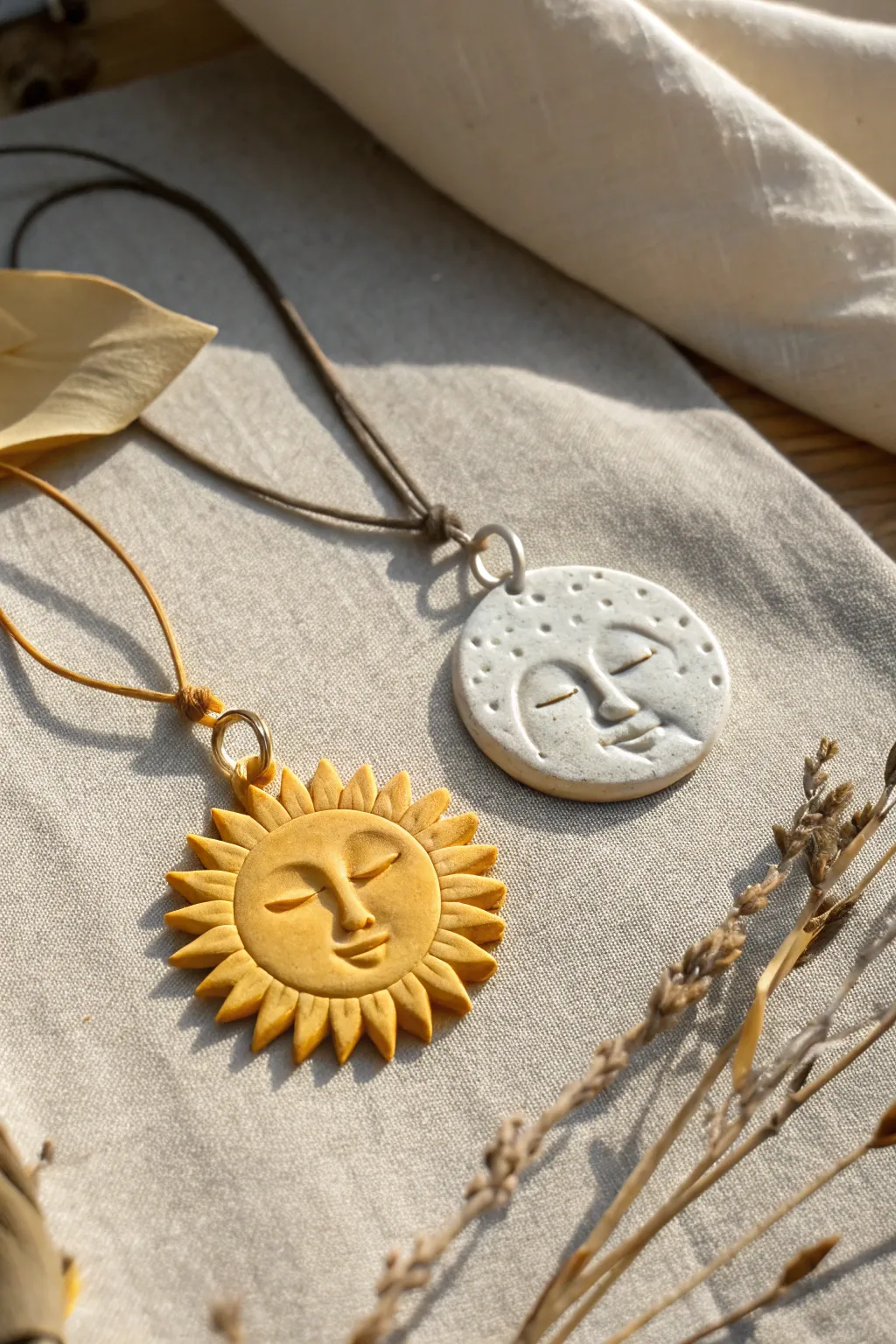 Sun and moon clay pendant set in soft boho minimal style, perfect matching charm idea.