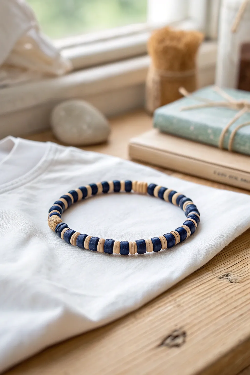 Navy and sandstone striped clay beads make a minimal mens bracelet, effortless with a white tee.