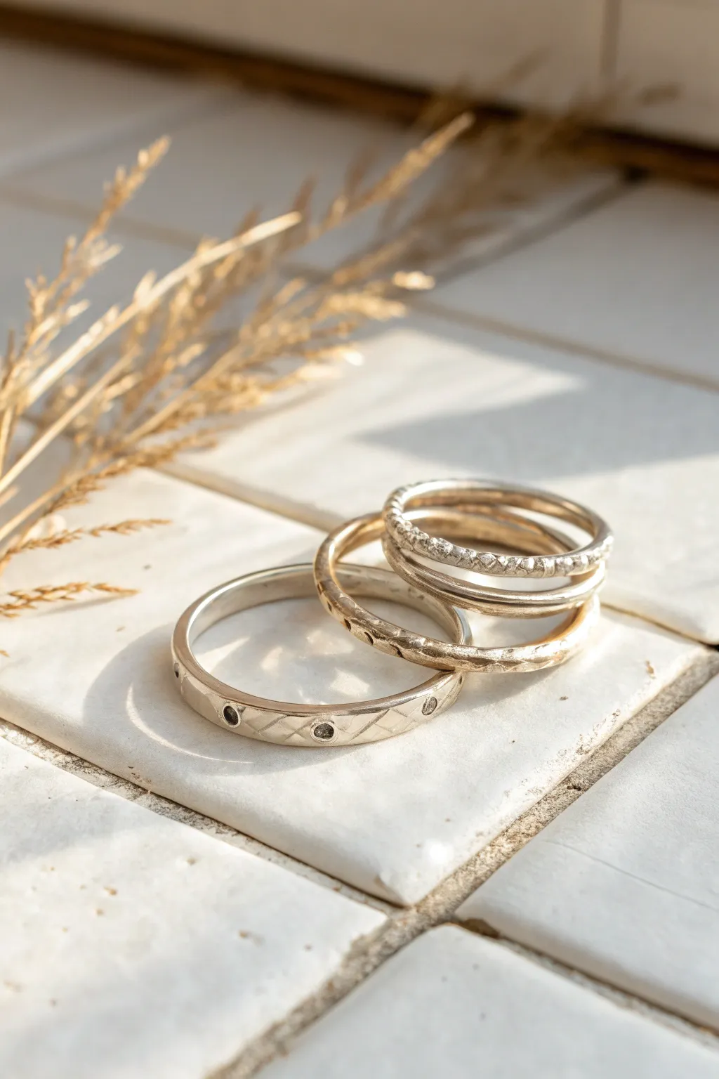 Three simple metal clay stack rings with smooth, textured, and stamped details in soft light.