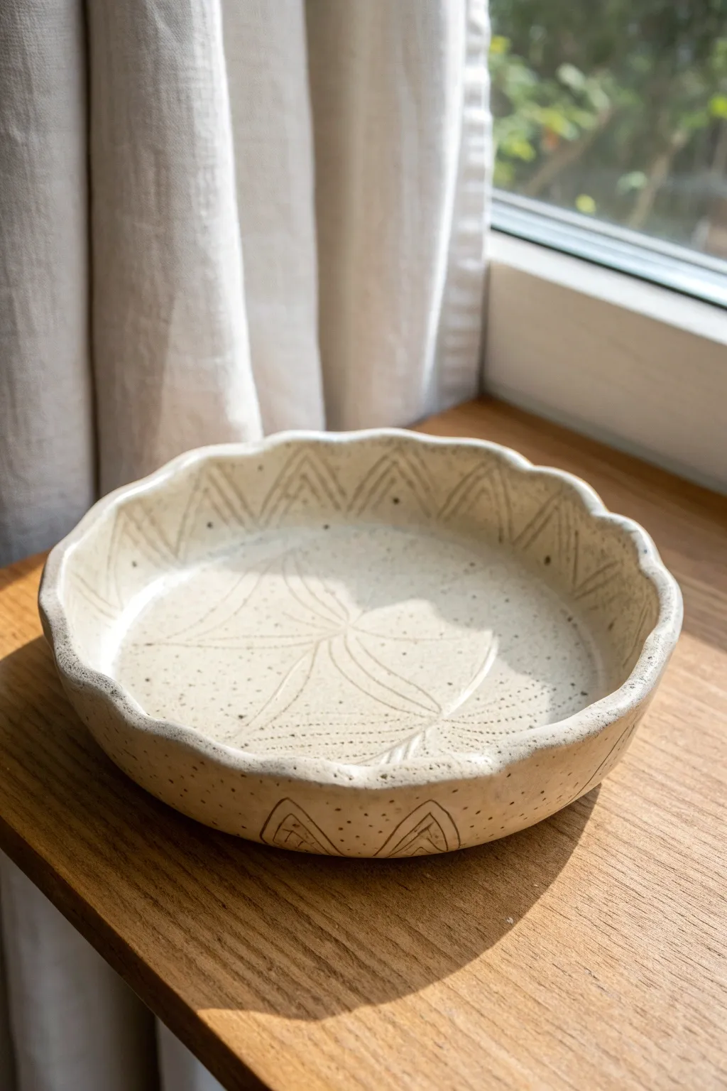 Minimal slab-built trinket dish with stamped texture, perfect middle school clay project inspiration.