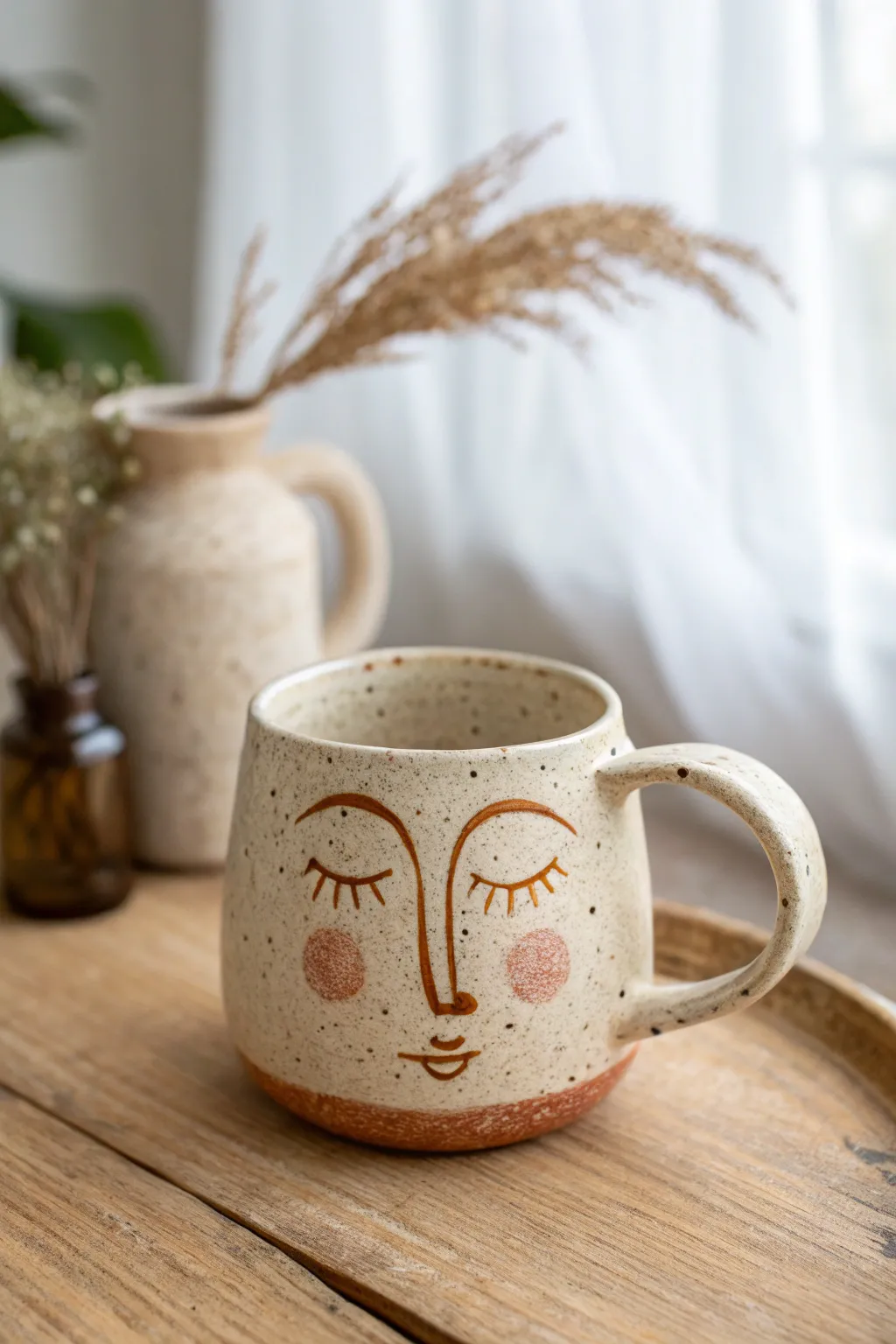 Chunky student-made face mug with playful features and warm speckled glaze, cozy and minimal.