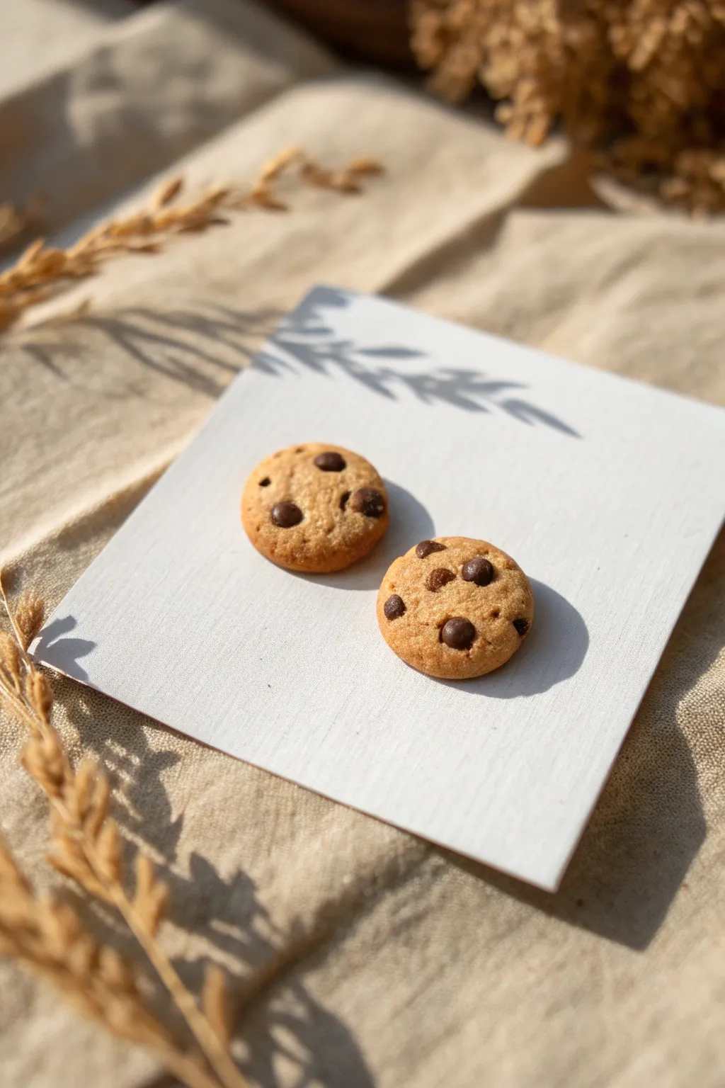 Adorable mini cookie stud earrings in a clean Scandinavian setup with warm, cozy contrast.