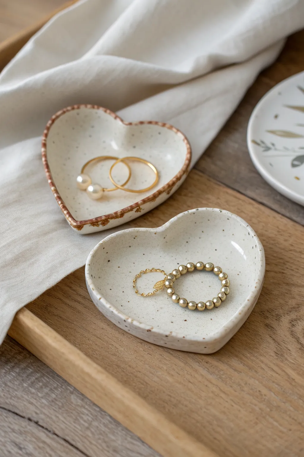 Matching mini heart trinket dishes for a cozy clay date, perfect for rings and tiny treasures.