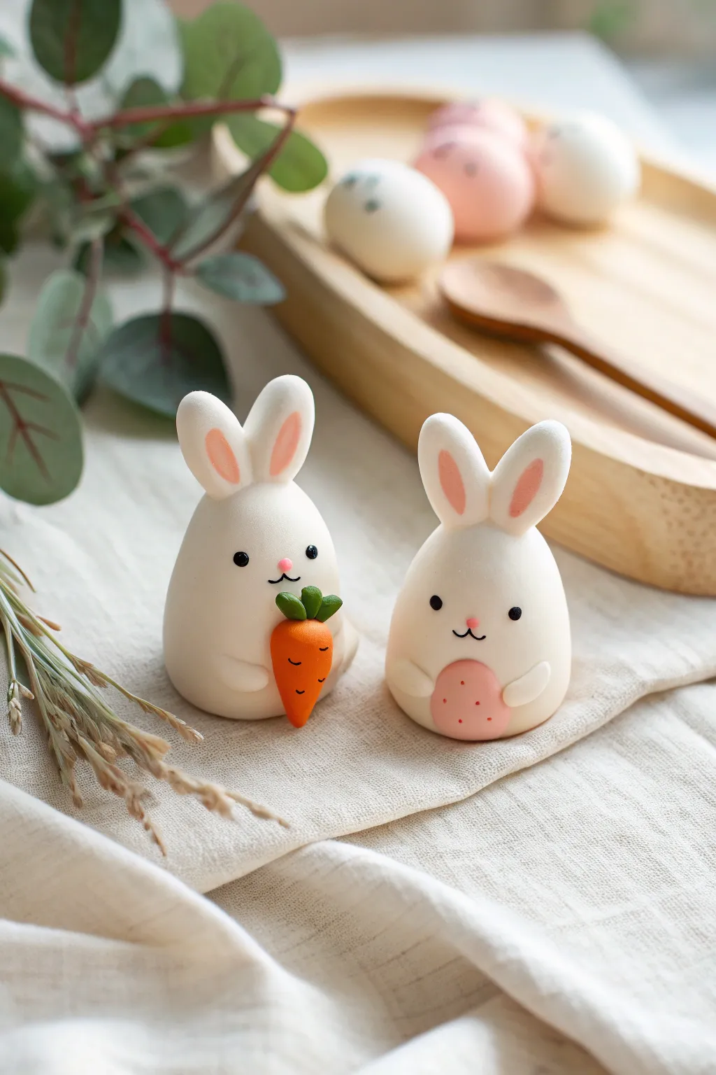 Two tiny clay bunnies with mini carrots, minimalist and sweet, perfect for easy cute charms