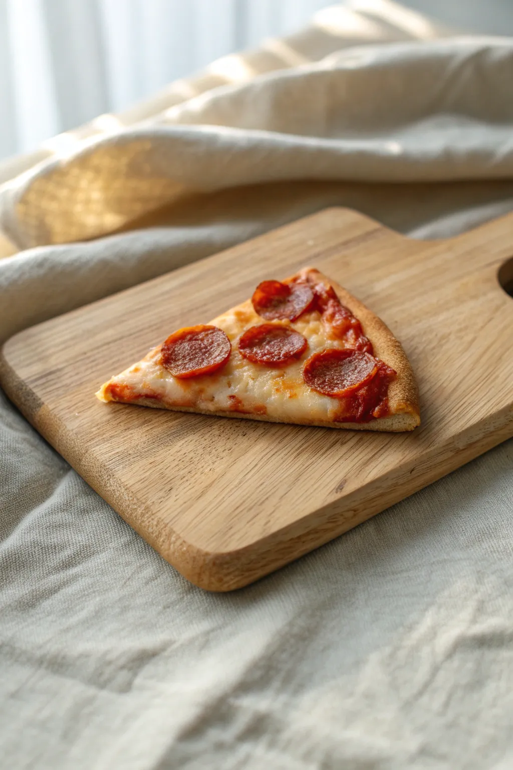 Mini clay pepperoni pizza slice with bubbly cheese on a tiny board, sweet minimalist snack vibe.