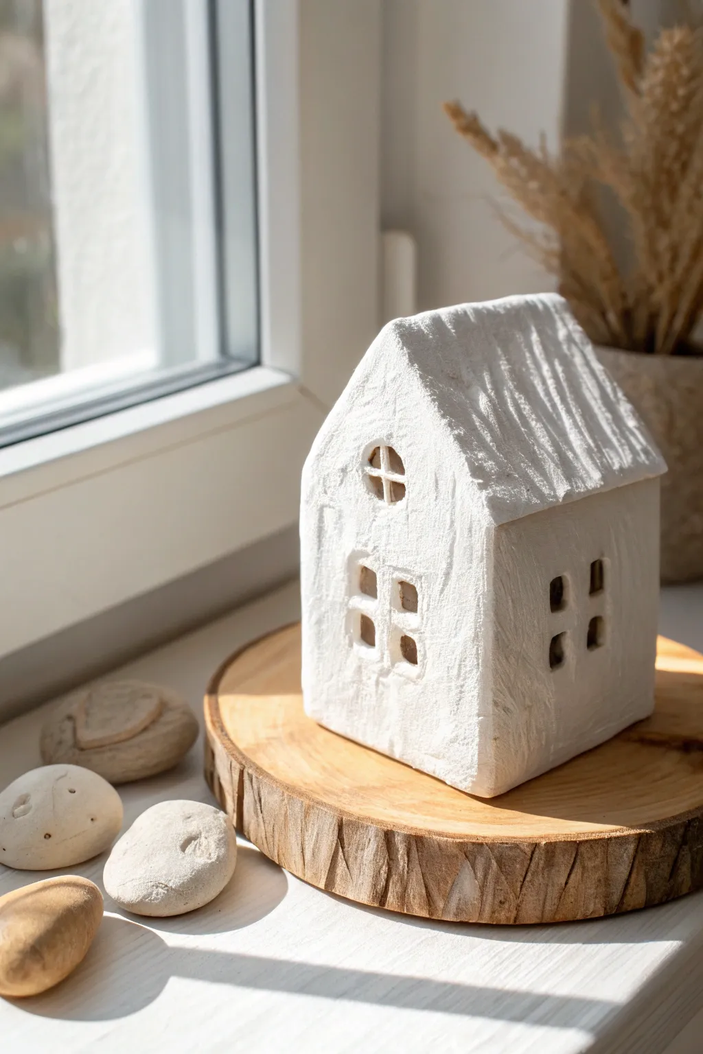 Matte white mini clay house in Scandinavian style, simple lines and warm natural contrast