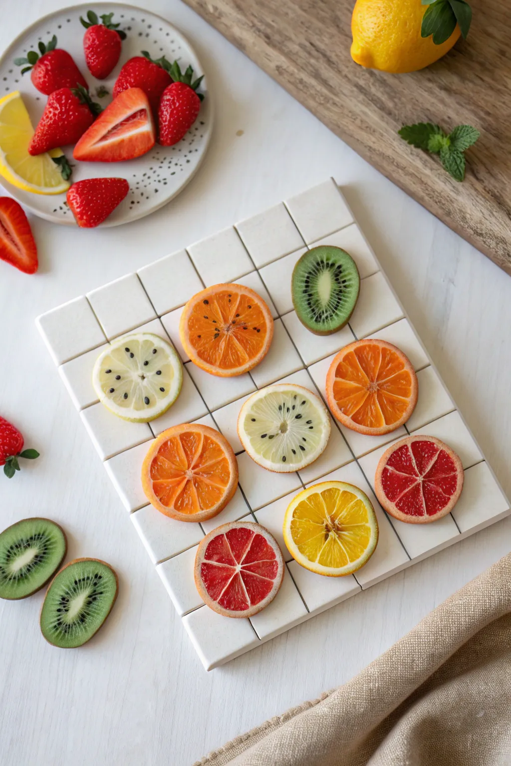 Tiny fruit slice magnets in a clean grid flat lay, bright colors on calm Scandinavian neutrals