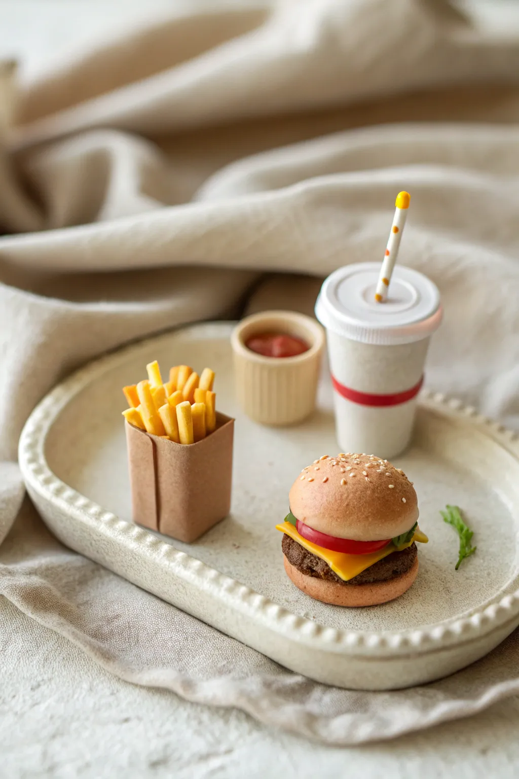 Mini clay fast food charm set in soft neutral tones, styled like a tiny combo meal.