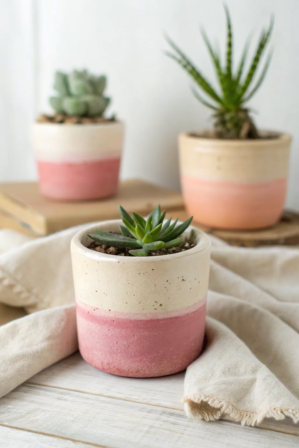 Soft ombre mini clay pot with a tiny succulent for a calm, airy Scandinavian-boho look