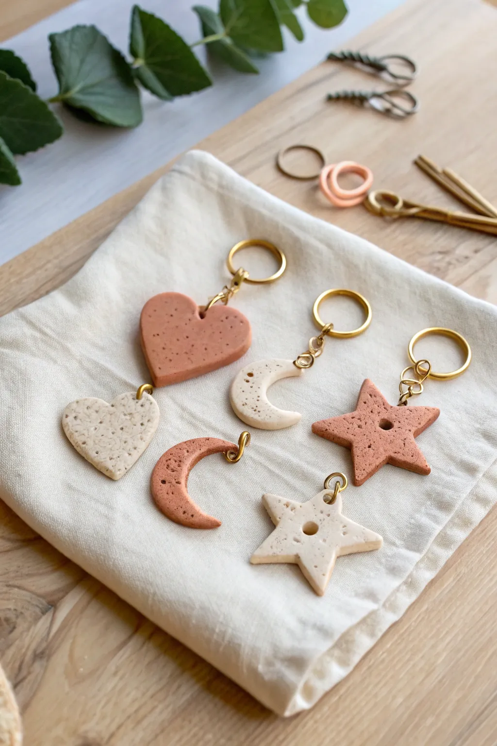 Simple mini clay charm shapes for keyrings, minimal and handmade with soft boho warmth