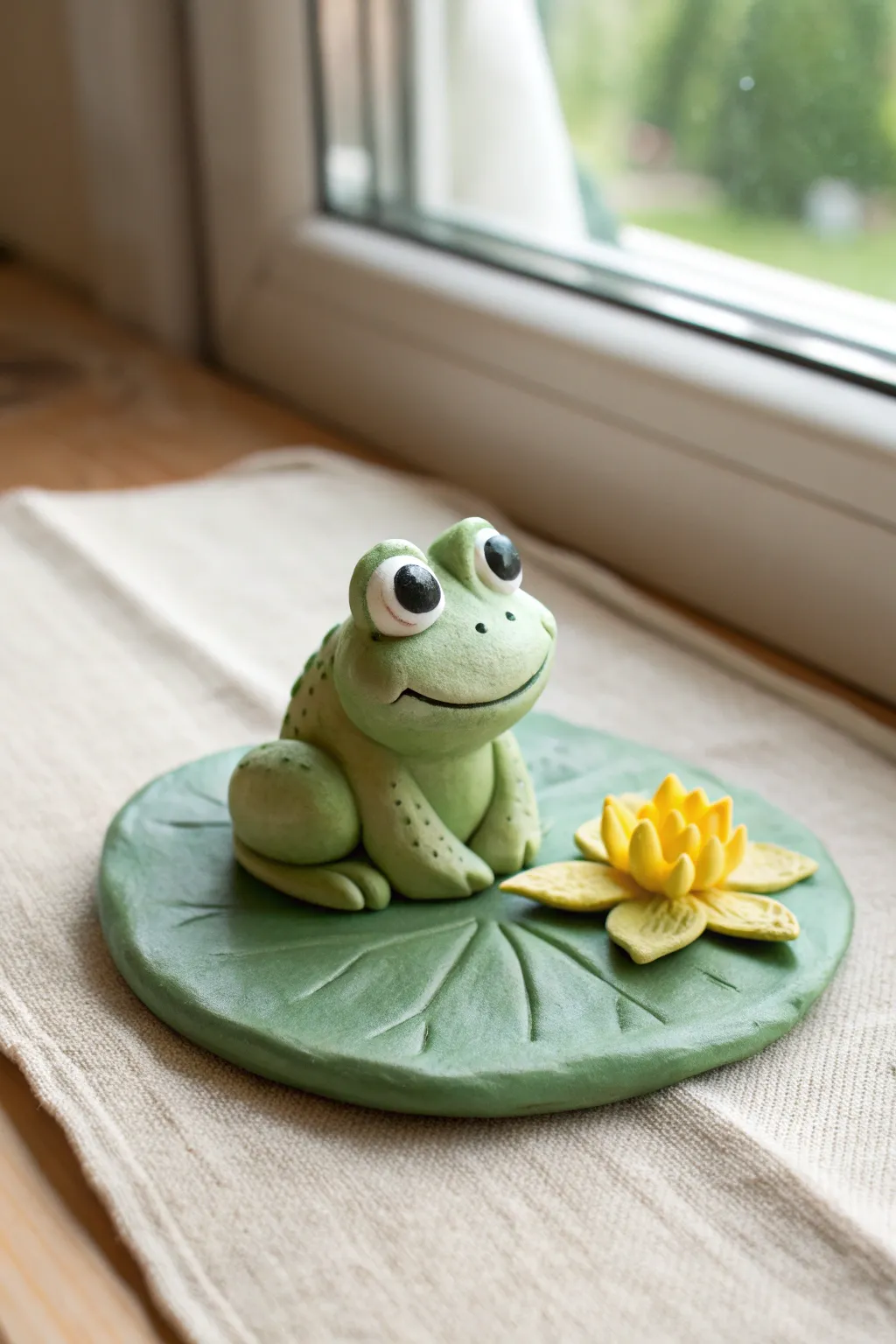 Sweet mini clay frog on a simple lily pad, bright colors and cozy minimalist styling