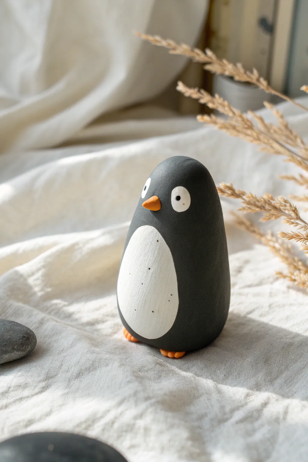Smooth mini clay penguin with a simple white belly and tiny beak, minimalist and cute