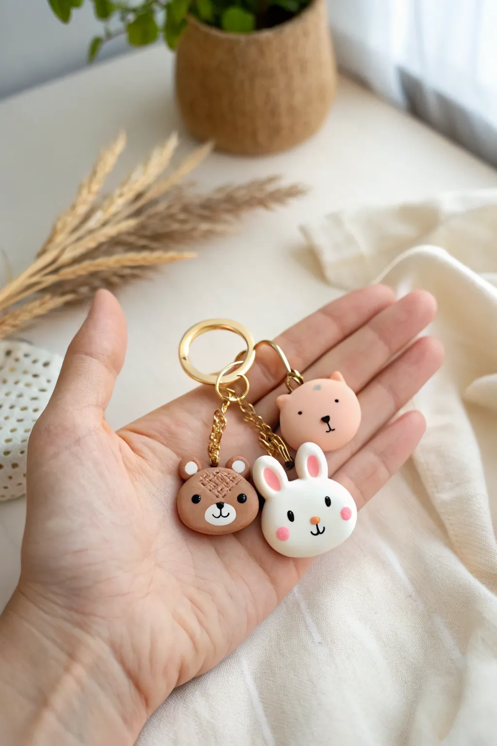 Sweet mini polymer clay animal head keychain charms, simple faces, cozy neutral tones