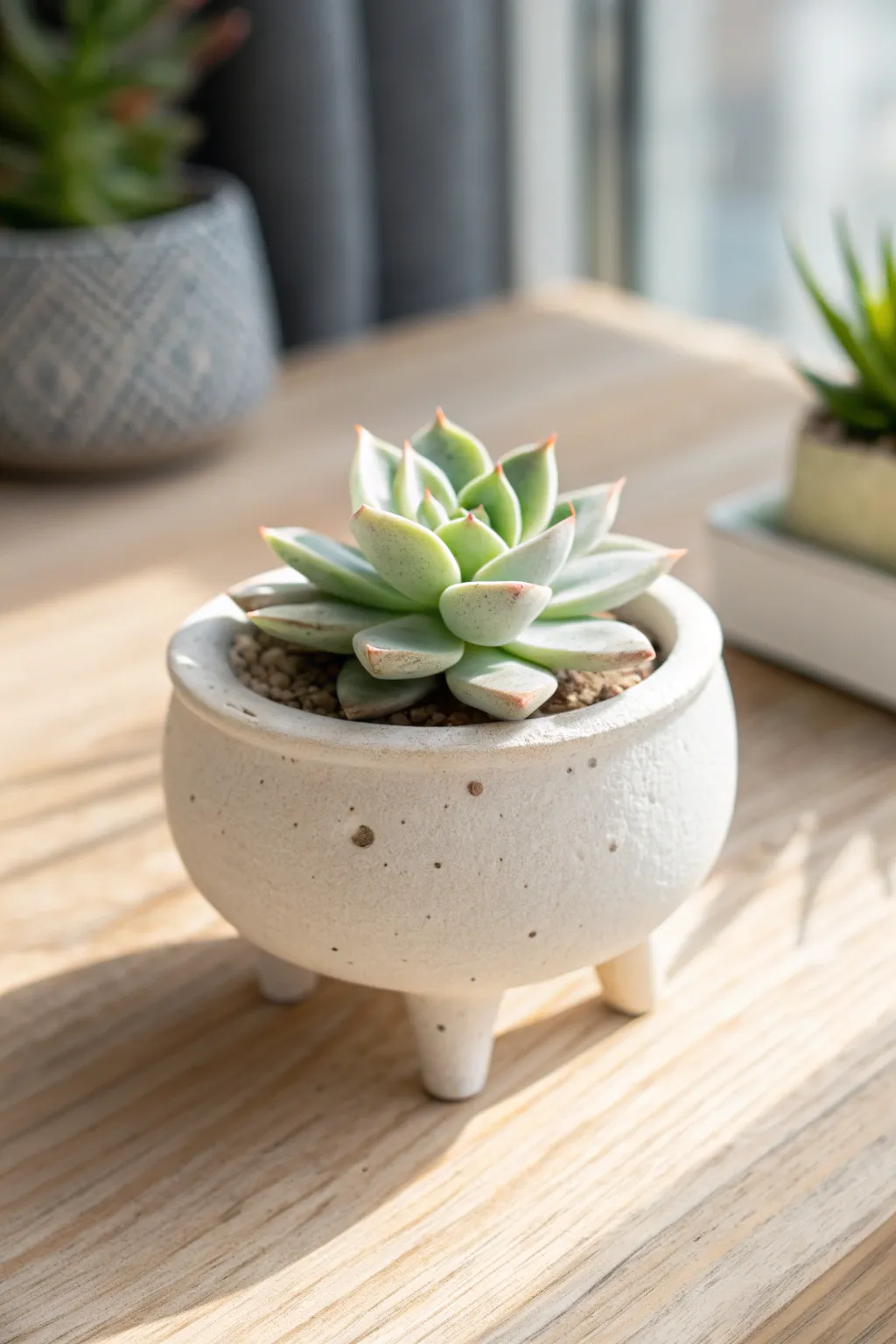 Tiny tripod planter with a fresh succulent cutting, minimalist and bright for mini pottery inspo