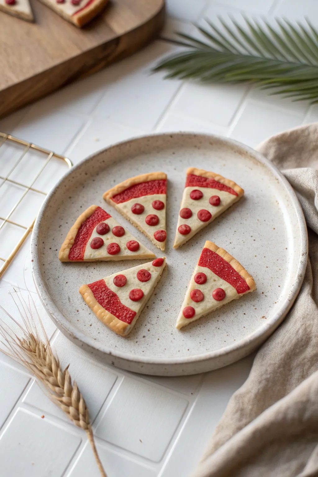 Mini pizza slice magnets on a simple plate, cozy Scandinavian styling with a soft boho touch.
