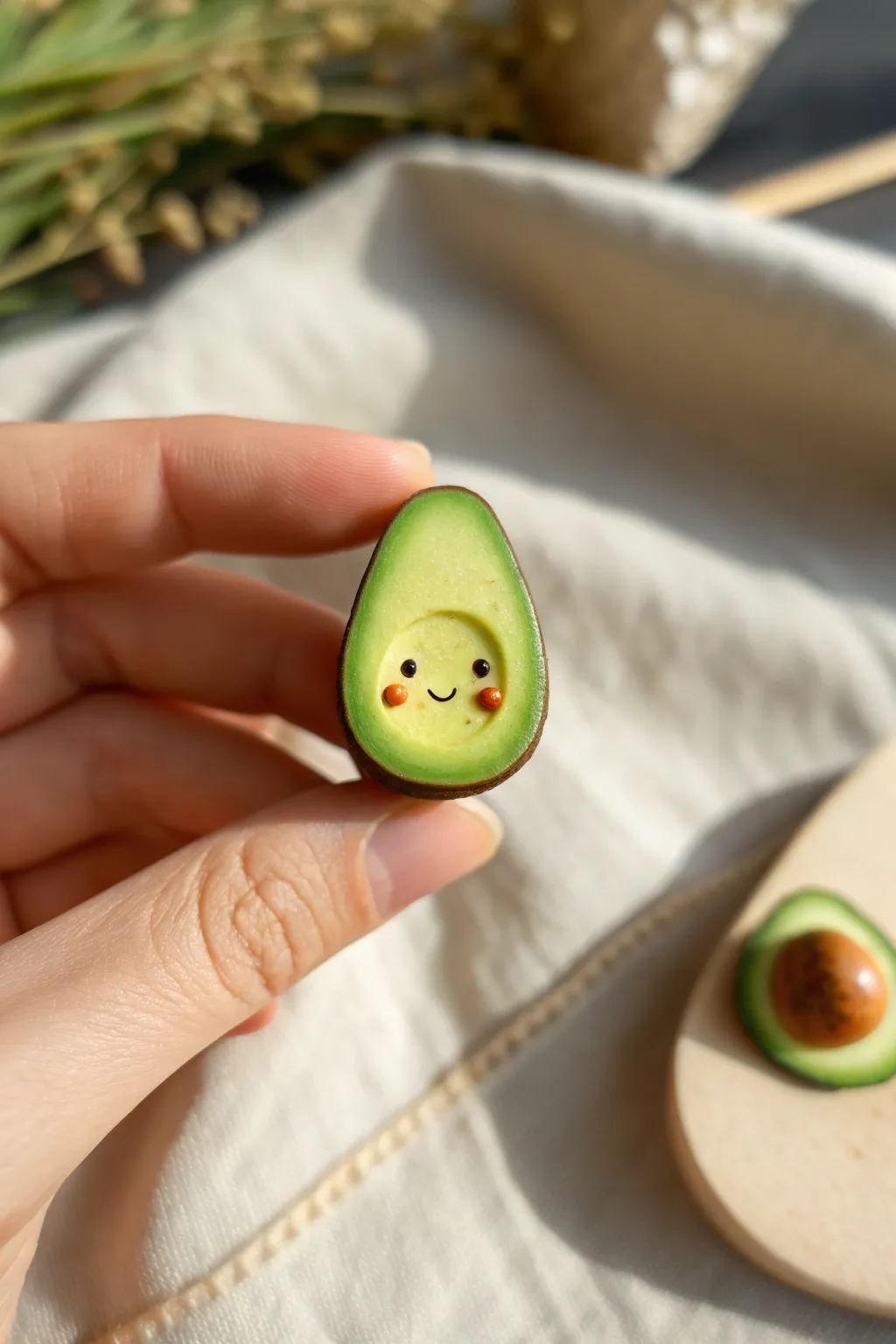 Mini clay avocado half with an adorable pit face, simple, cozy, and perfectly Pinterest-ready