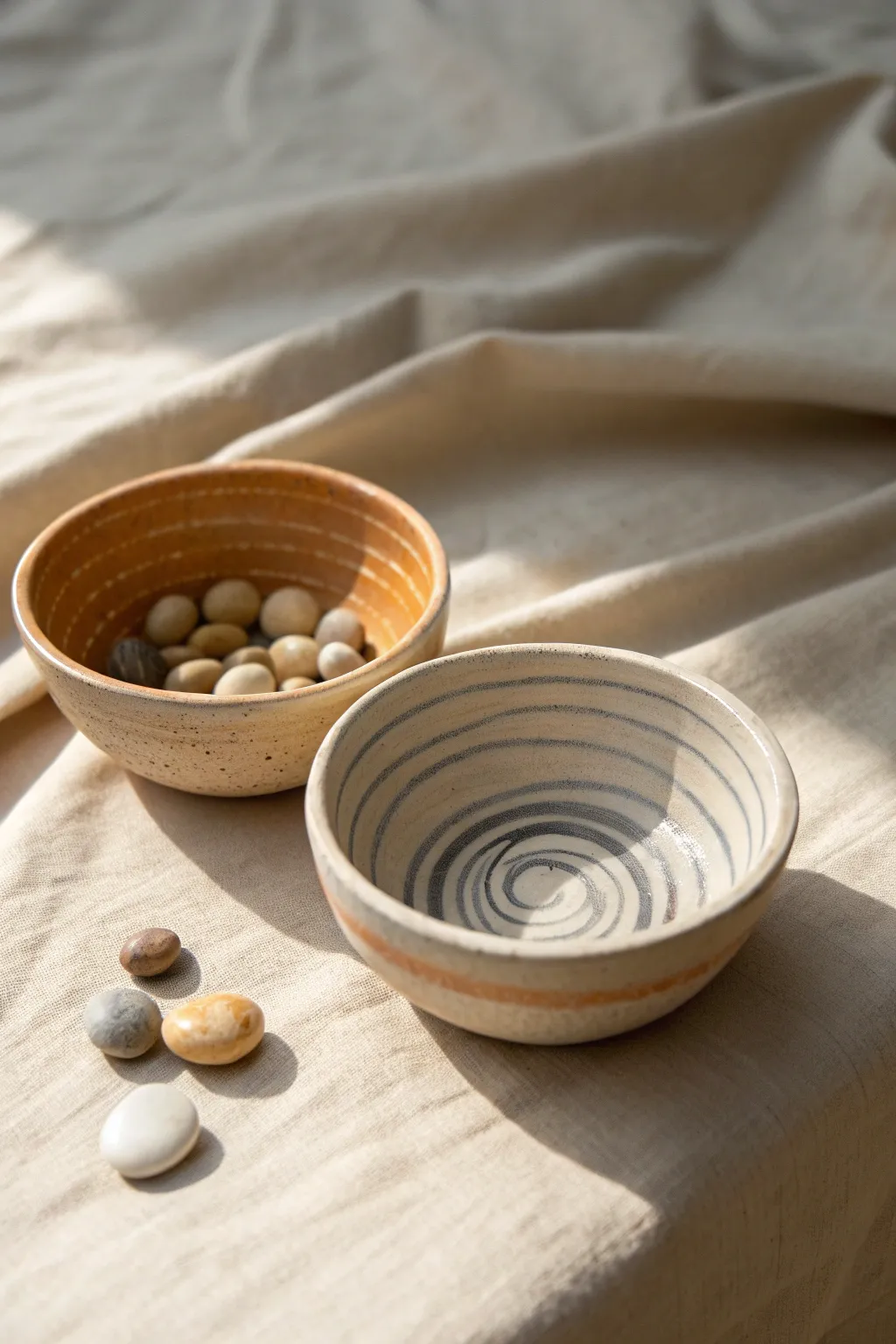 Two easy coil-built mini bowls, one natural and one with simple stripes for a calm boho look.
