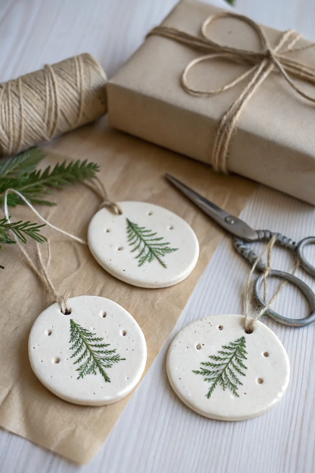 Evergreen-imprinted clay gift tags in soft neutrals, tied with twine for rustic holiday charm.