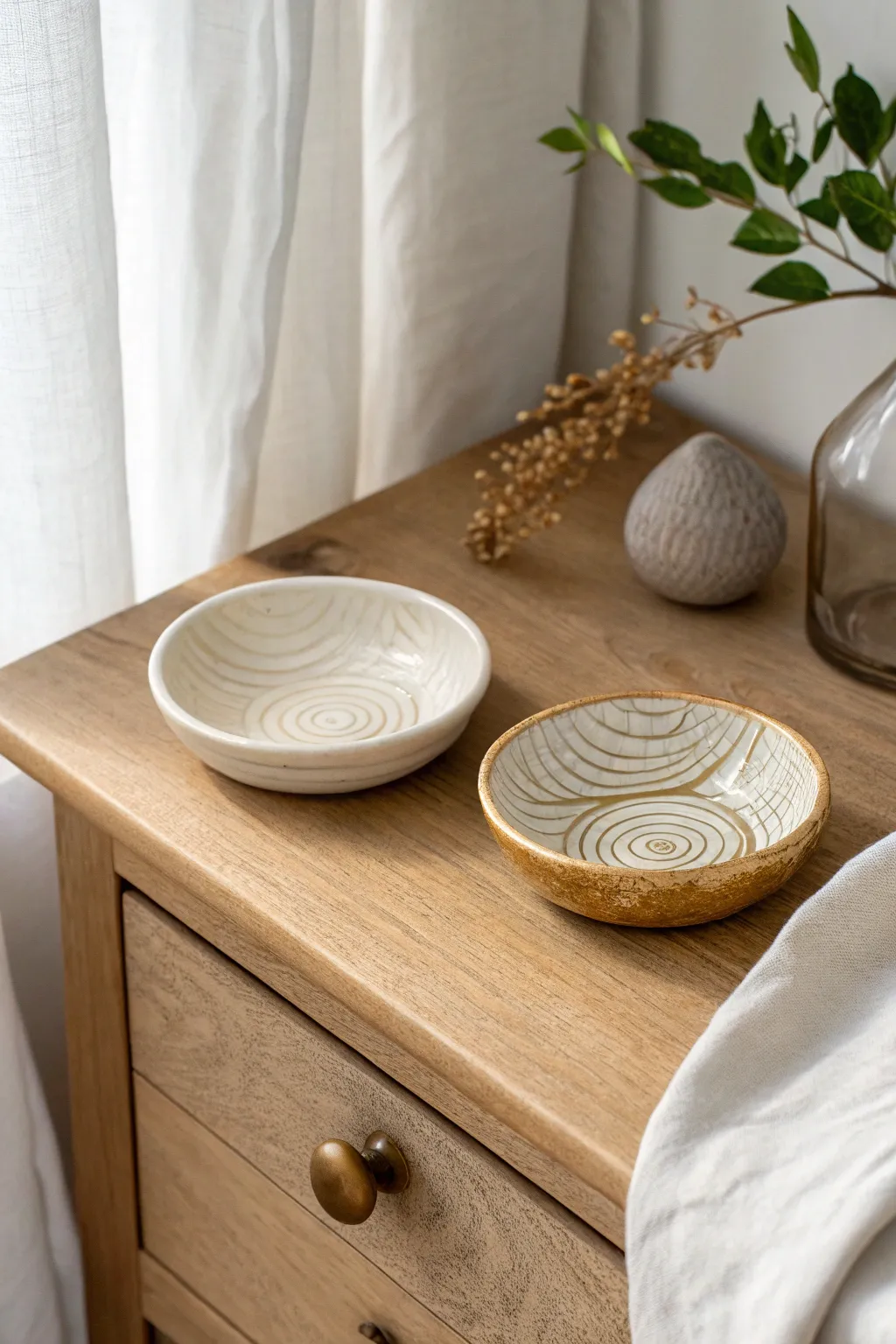 A sweet pair of thumbprint trinket dishes, slightly different, perfectly matching for two.