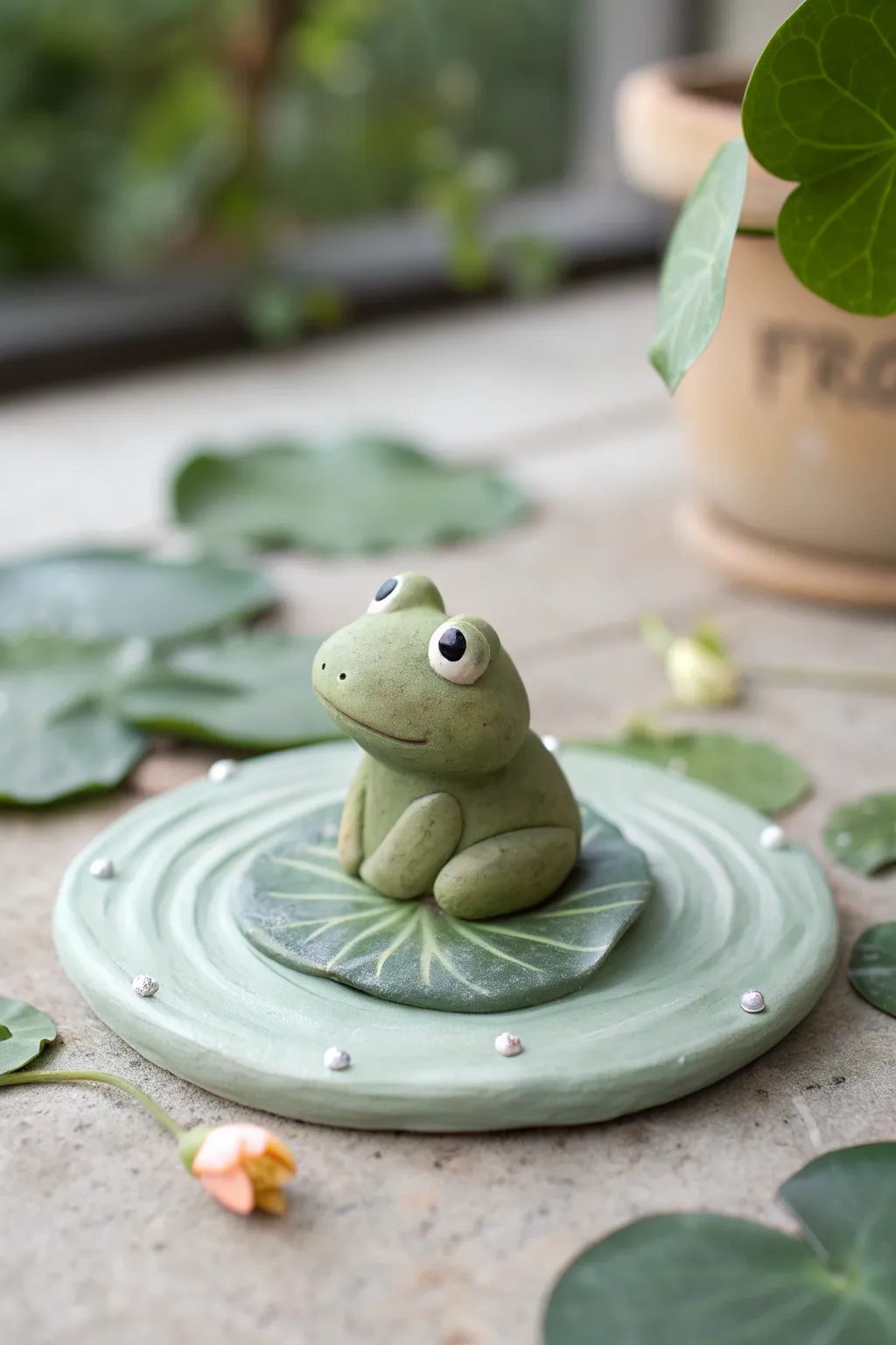 Sweet frog on a lily pad mini clay scene with calm ripples, minimal Nordic style and soft contrast