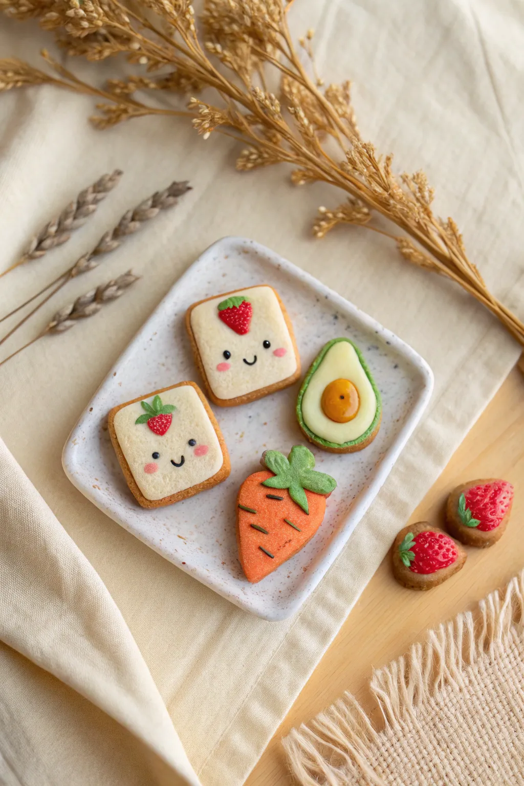 Mini clay food charms with sweet smiles, styled in a Scandinavian boho flat lay for Pinterest