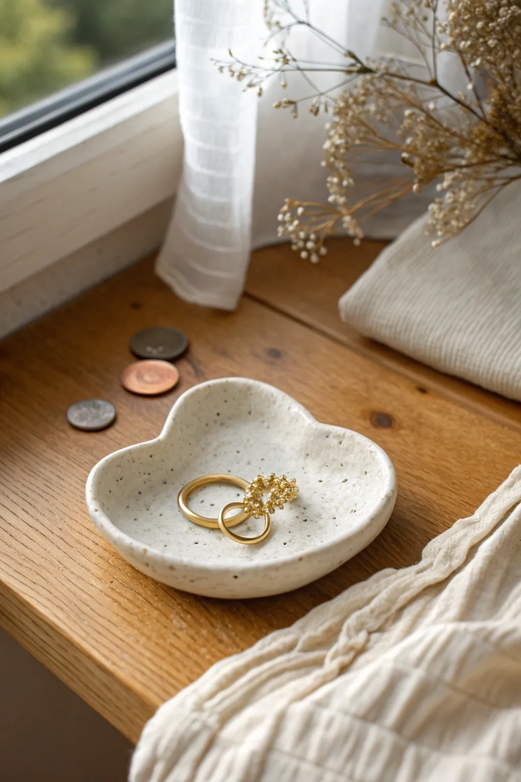 Tiny handmade trinket dish in soft boho neutrals, perfect for rings and coins at home.