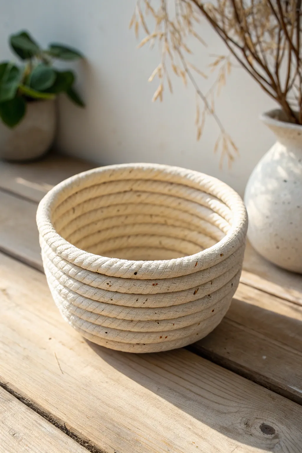Coil-molded mini bowl with stacked ropes, matte finish, and calm Scandinavian boho styling.