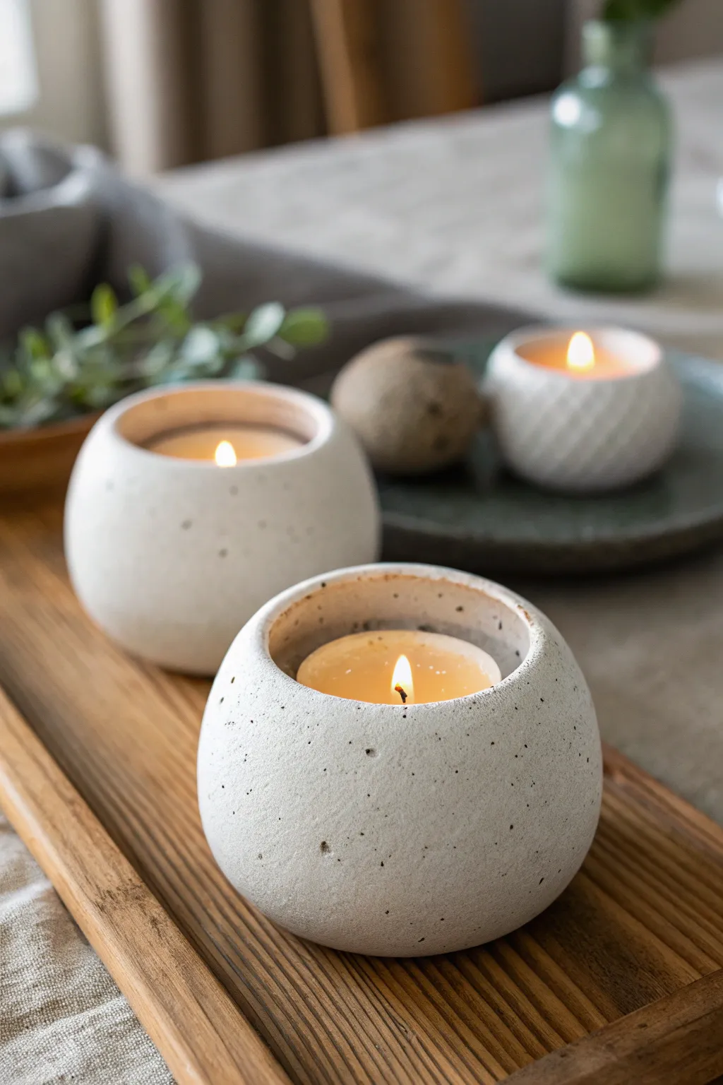 Cozy pinch-pot tea light holders in soft neutrals, glowing on a minimalist coffee table.