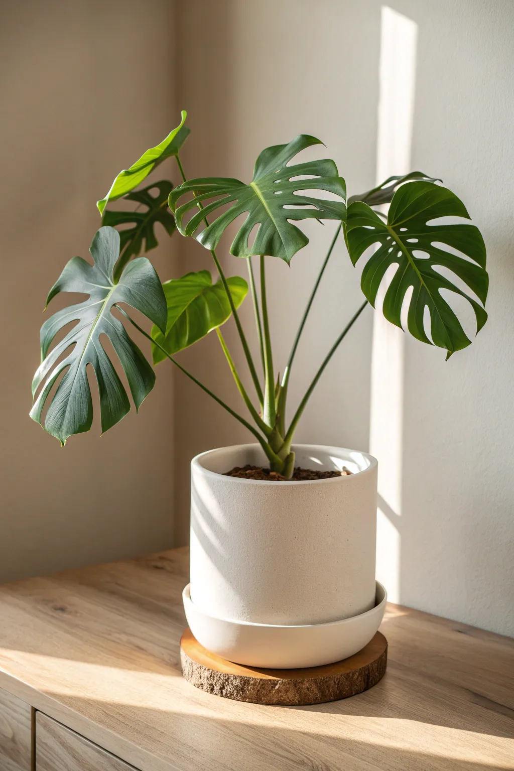 Matte white cylinder cache pot makes Monstera leaves pop against a calm neutral wall.