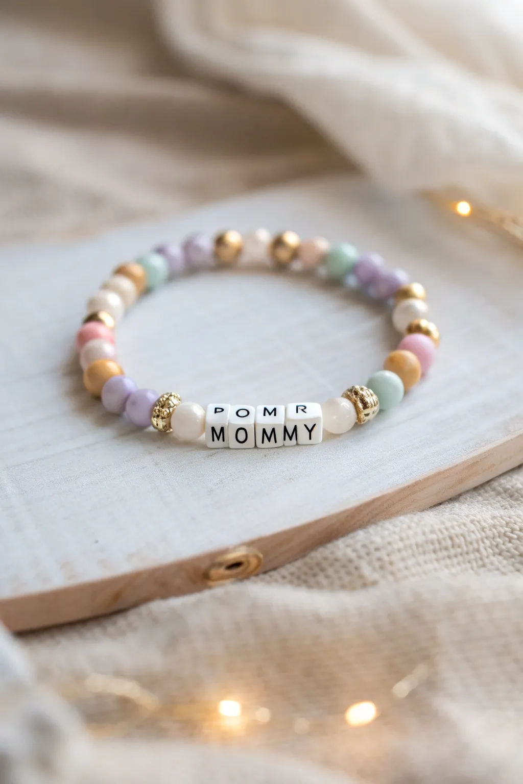 Soft pastel clay bead bracelet with MOMMY letter beads, minimal Nordic styling for Mothers Day