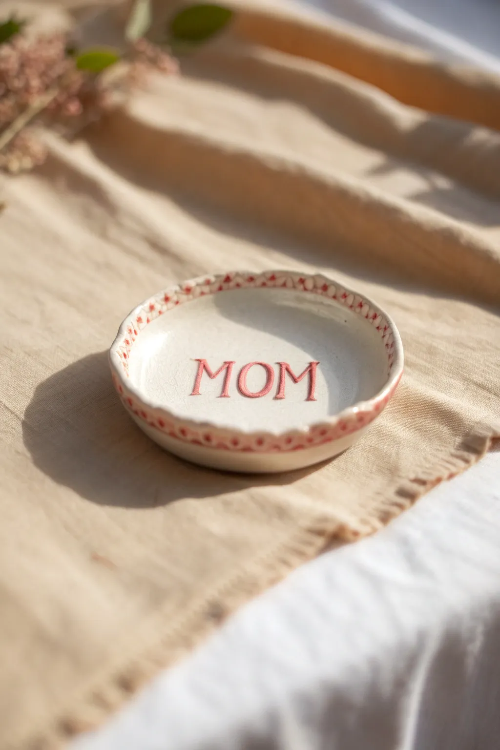 Sweet stamped MOM ring dish with blush border, minimalist clay gift perfect for Mothers Day