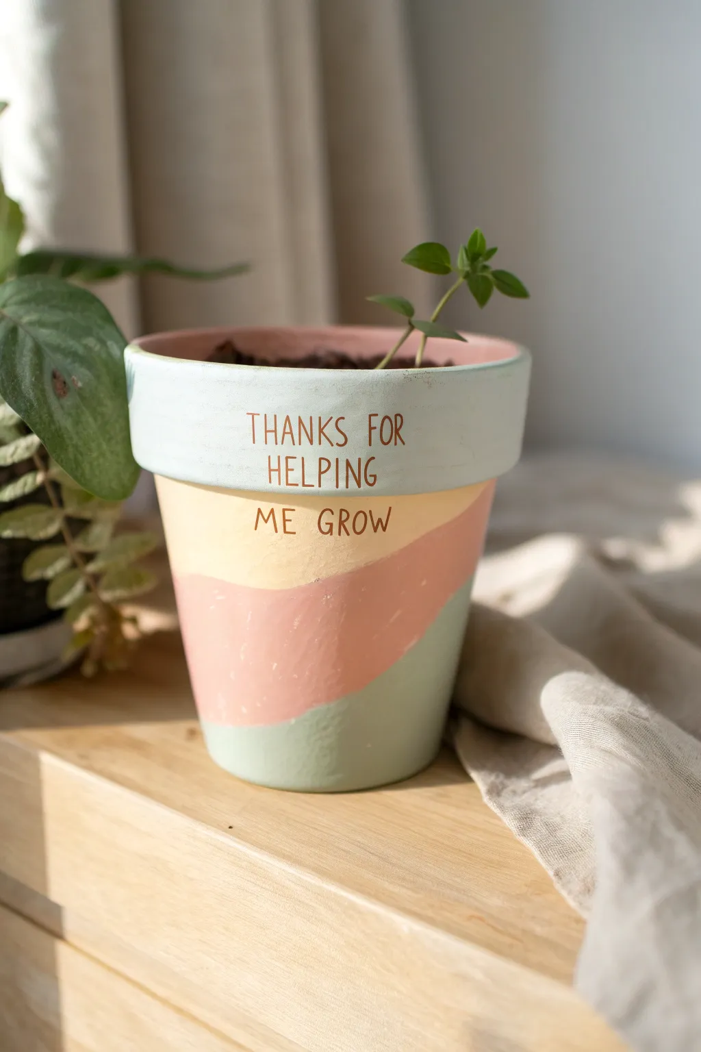 Mothers Day DIY: a soft-painted terracotta message pot with fresh herbs, simple and heartfelt.