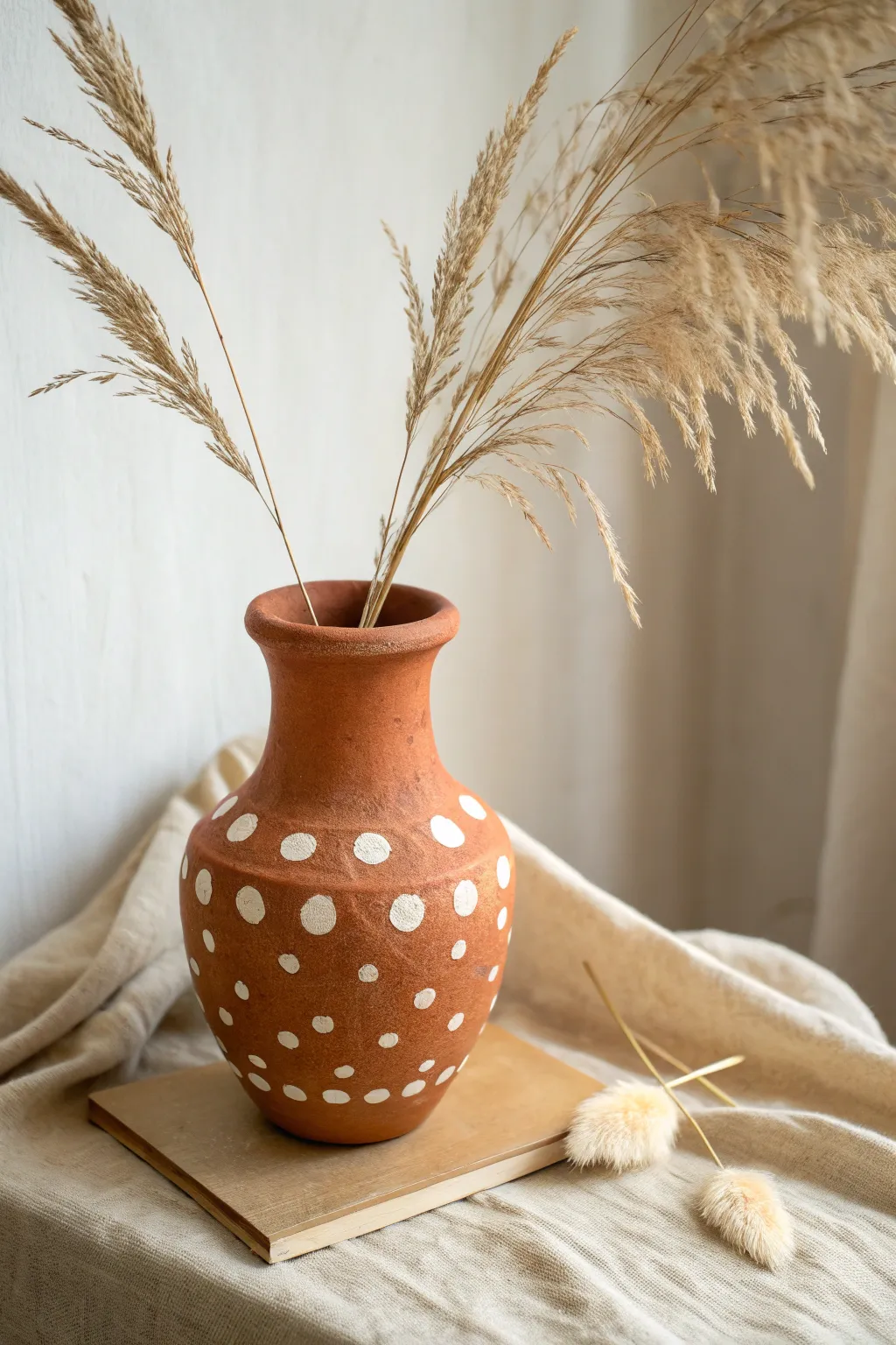 Easy polka dots on a warm earthy mud vase for a playful, minimalist boho look