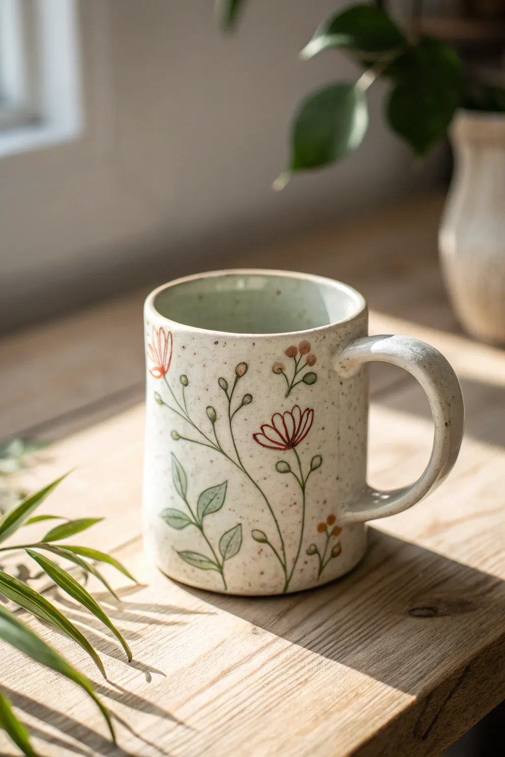 Wraparound leafy vines and simple blossoms for a fresh, modern mug art idea